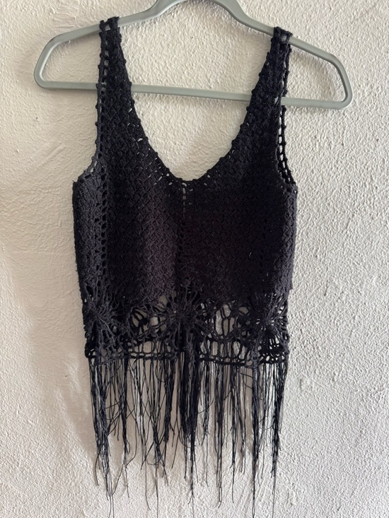 Poof! Tops - Poof! Black Crochet Fringe Tank